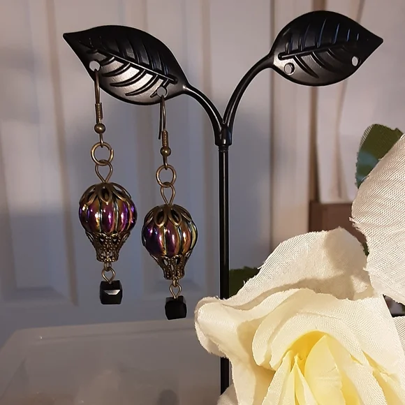Handmade Bronze Hot Air Balloon Earrings Rainbow Finish Pierced - Picture 2 of 4